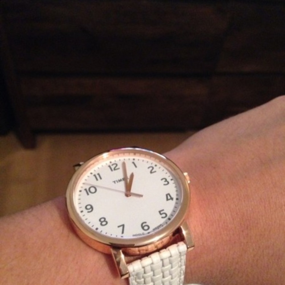 Timed White Leather Band Watch w Rose Gold Detail